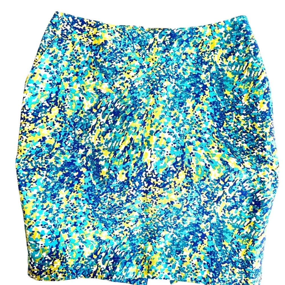 Merona Blue Yellow Stretch Pencil Skirt Sz 6 Pockets Summer Date Night Classic
